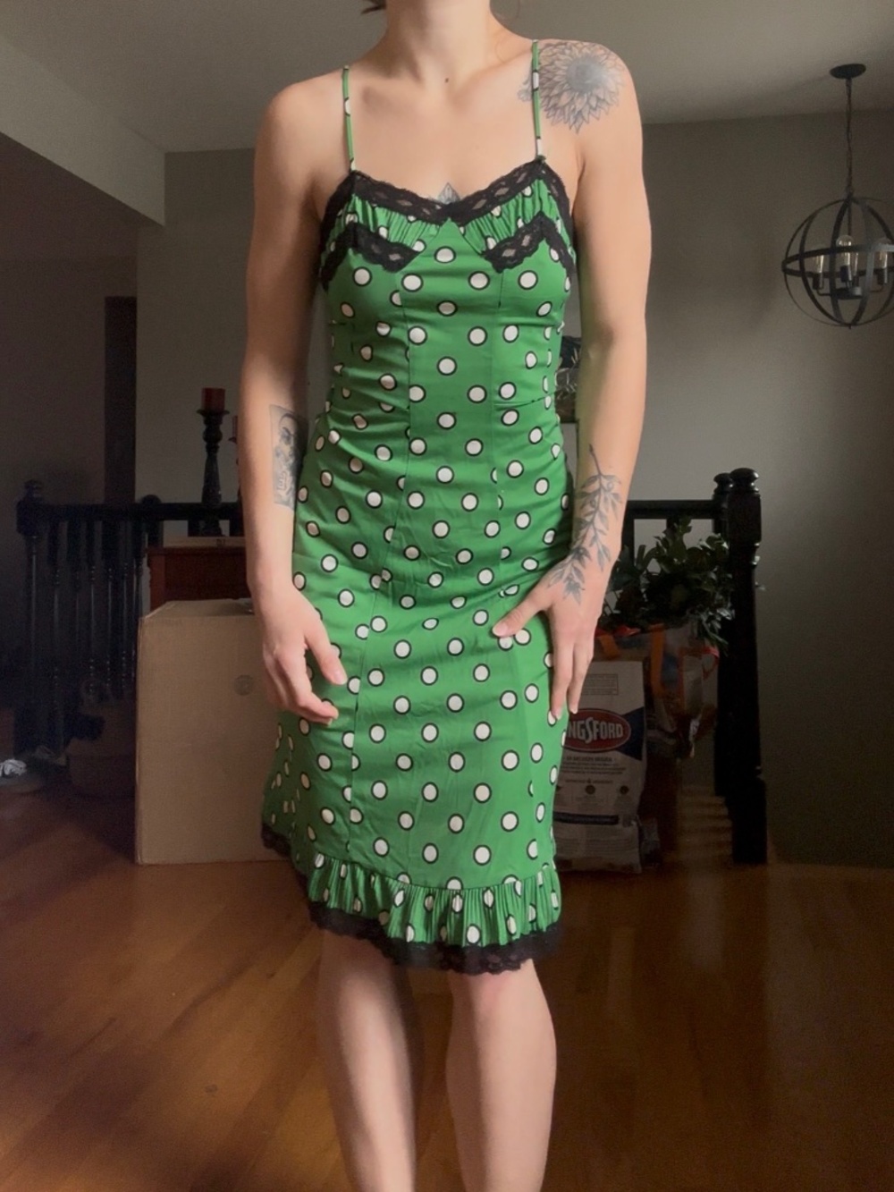 Vintage green polka dot lace trim cocktail dress